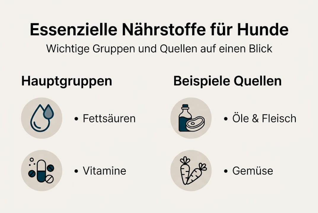 Übersicht: Wichtige Nährstoffgruppen und ihre natürlichen Quellen für Hunde