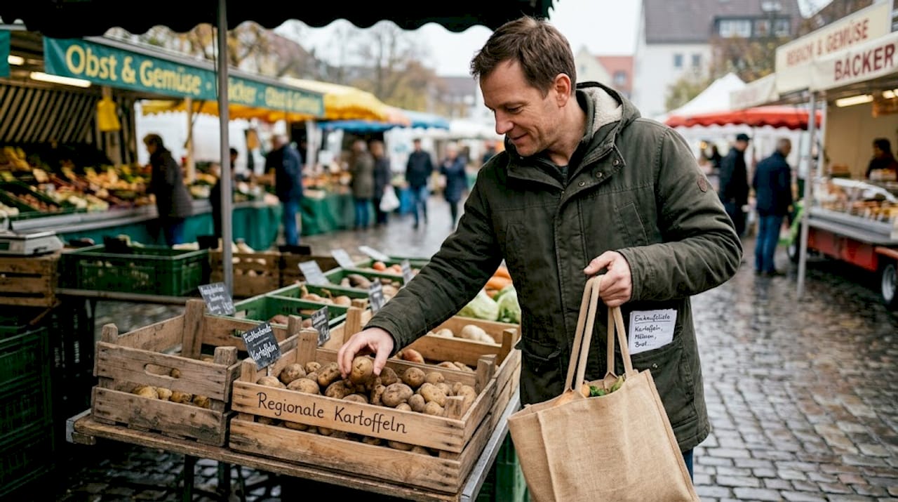 Ein Mann sucht sich auf dem Wochenmarkt frische Kartoffeln aus der Region aus.