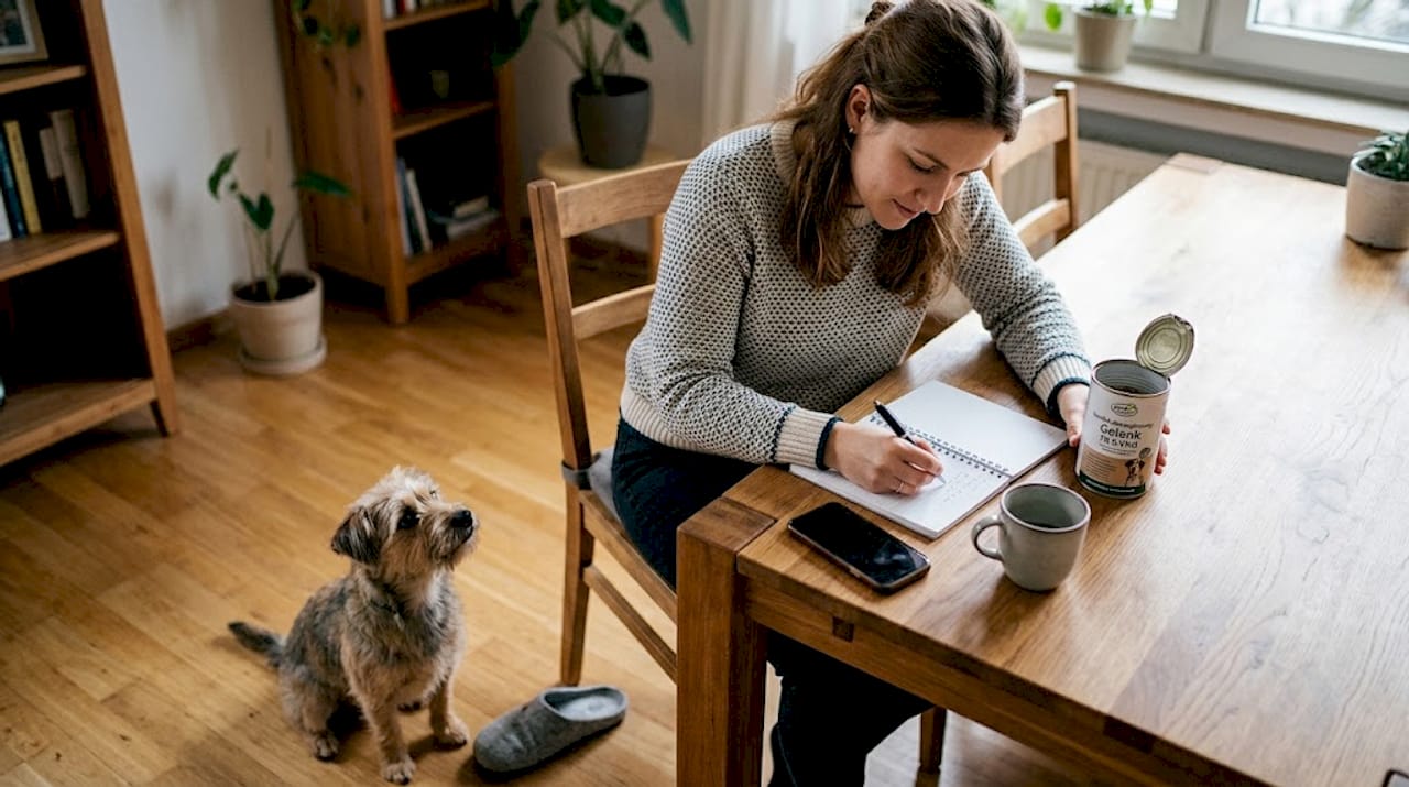 Ein Hundebesitzer überlegt, wie er das Futter seines Vierbeiners sinnvoll mit Nahrungsergänzungsmitteln ergänzen kann.