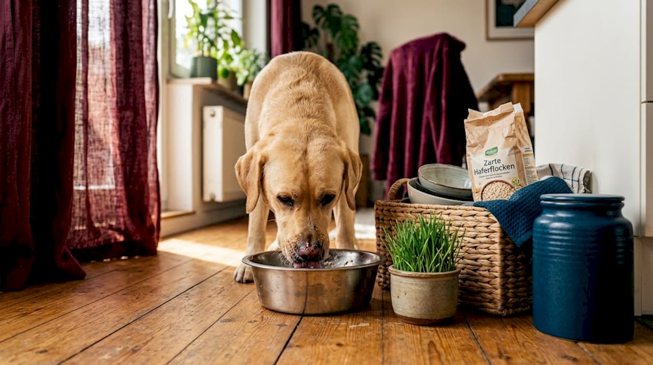 Ein junger Hund genießt sein Futter aus dem Napf, umgeben von einer natürlichen Umgebung.