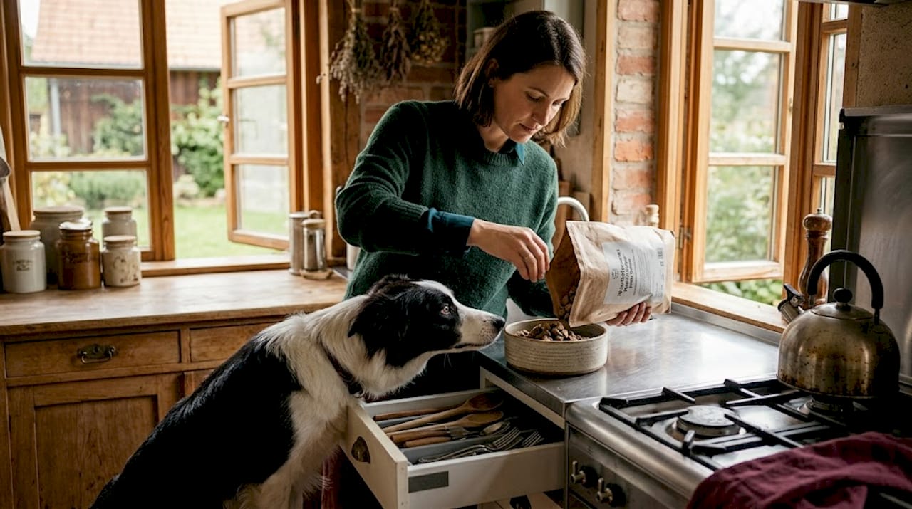 Ein Border Collie sitzt geduldig und wartet auf sein frisches, natürliches Futter.