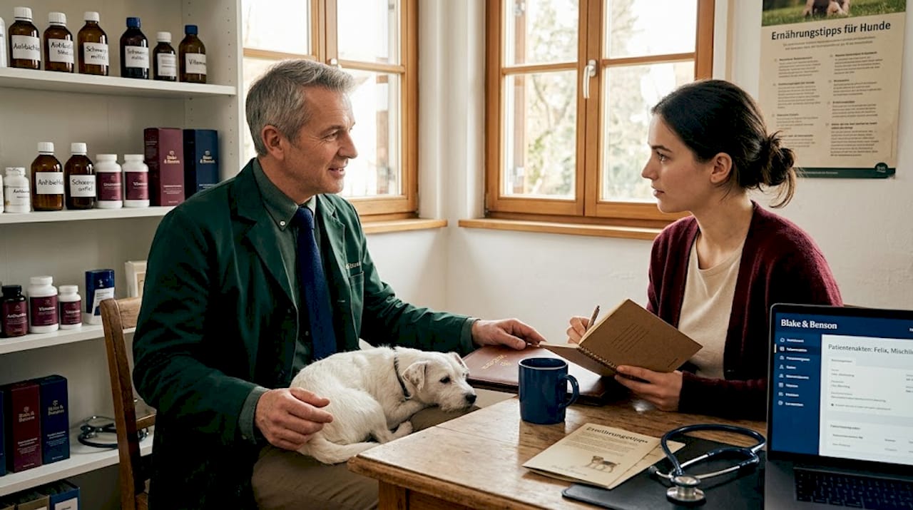 Ein Tierarzt gibt einem Hundebesitzer fachkundige Tipps – der Vierbeiner ist natürlich mit dabei.