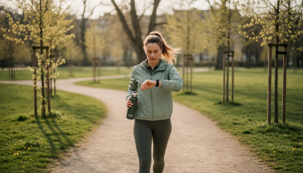 Eine Frau macht einen Spaziergang durch den Stadtpark, um sich fit zu halten.