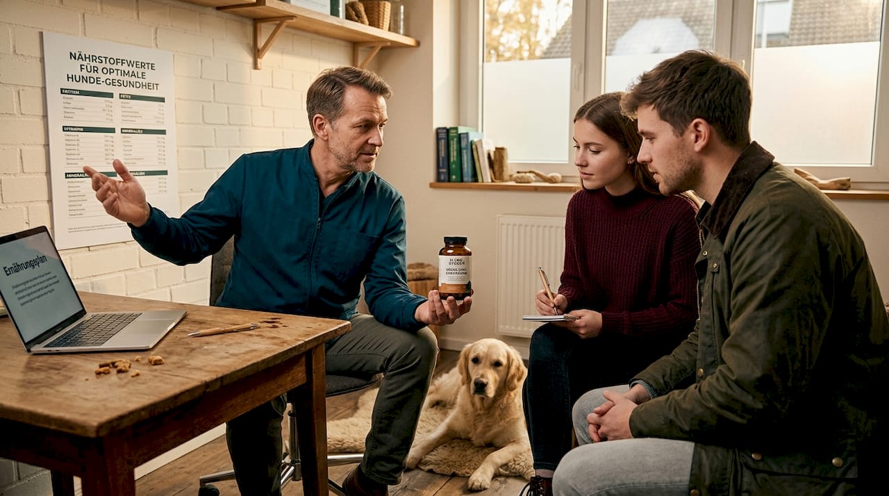 Eine Tierärztin berät Hundebesitzer zu Nahrungsergänzungsmitteln und deren Nutzen für die Gesundheit ihres Vierbeiners.
