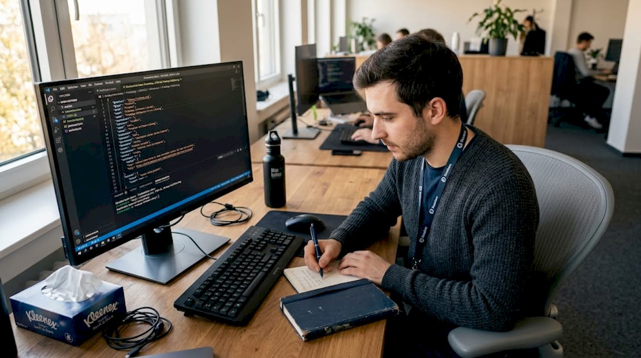 Ein Entwickler überprüft am Bildschirm die SEO-Struktur und das Schema-Markup.