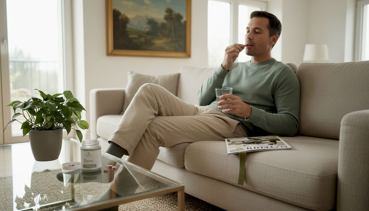 Ein Mann nimmt gemütlich auf dem Sofa seine Vitamin-B12-Tablette ein.
