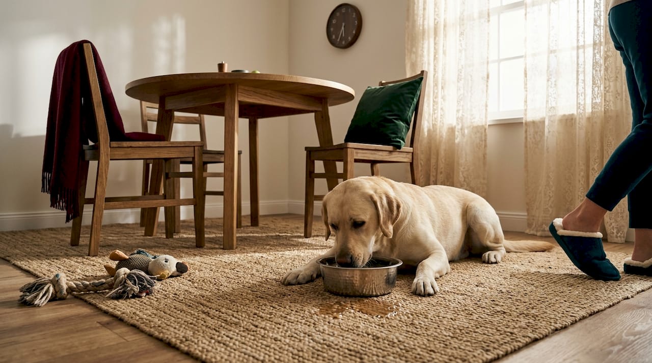 Ein ausgewachsener Hund frisst ganz entspannt sein Frühstück drinnen.