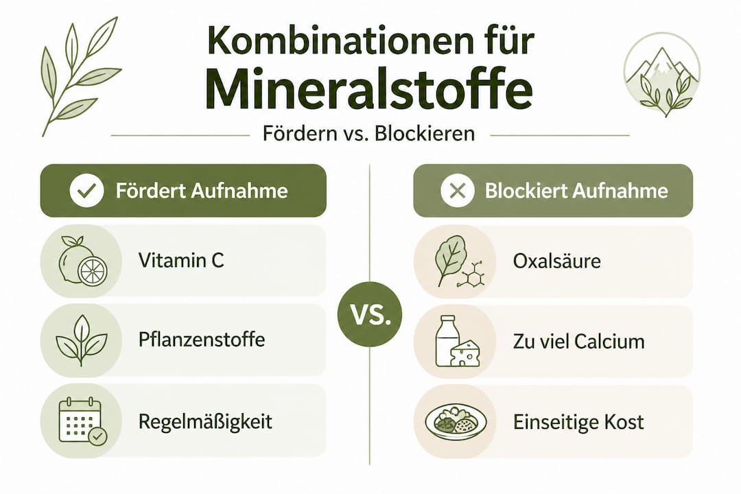 Infografik: Wie Mineralstoffe sich gegenseitig unterstützen oder hemmen