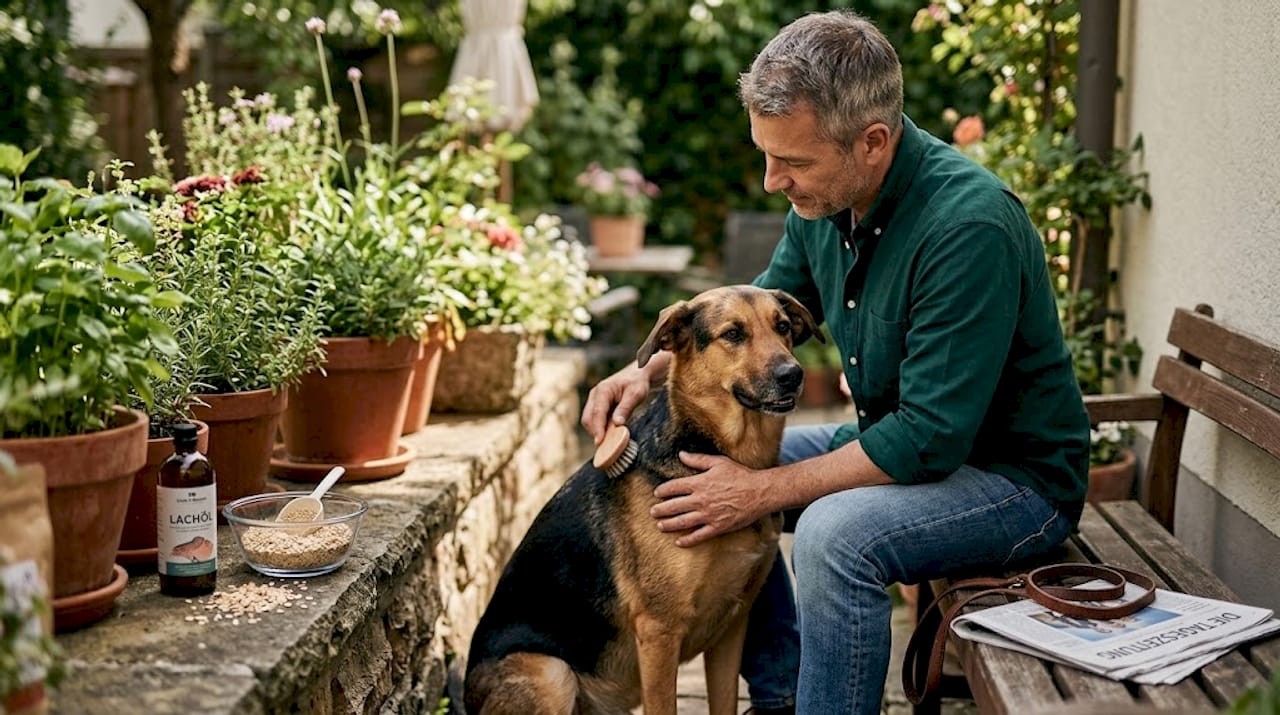 Der Hundebesitzer bürstet das glänzende Fell seines Vierbeiners draußen an der frischen Luft.