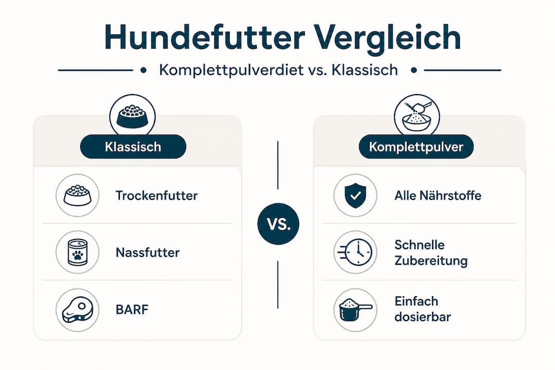 Infografik: Komplett-Pulverfutter vs. herkömmliches Hundefutter im Vergleich