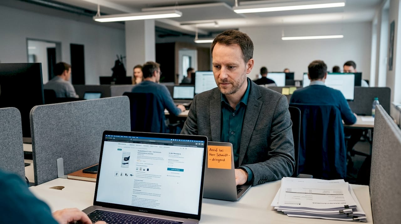 Ein Mitarbeiter überprüft im Büro die Produktdaten.