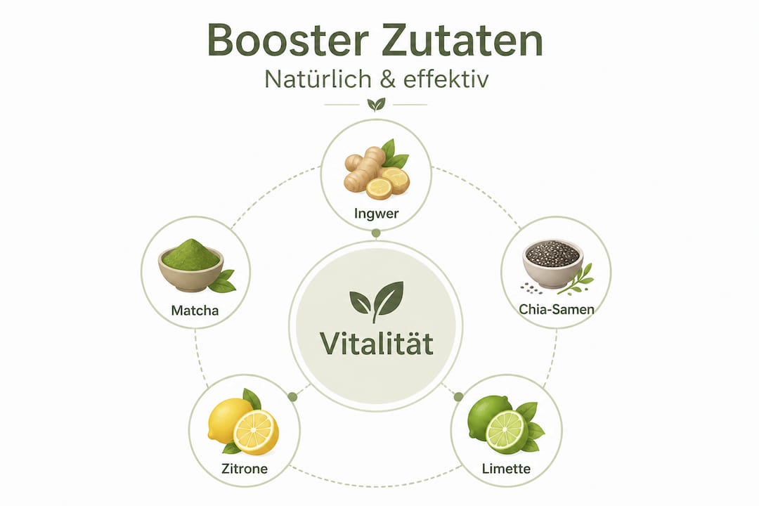 Diese Infografik fasst die wichtigsten Zutaten für effektive Booster übersichtlich zusammen.