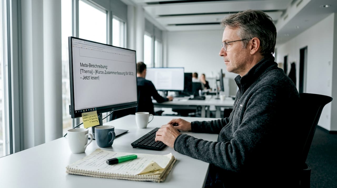 Am Schreibtisch im Büro verfasst jemand Meta-Beschreibungen am Computer.