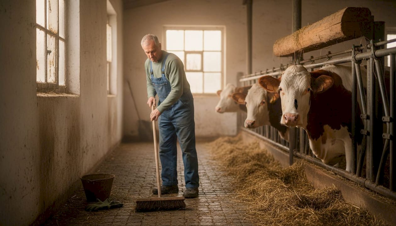 Ein Landwirt verrichtet seine tägliche Arbeit im alten Kuhstall, umgeben von traditioneller Landwirtschaft und dem vertrauten Rhythmus des Hoflebens.