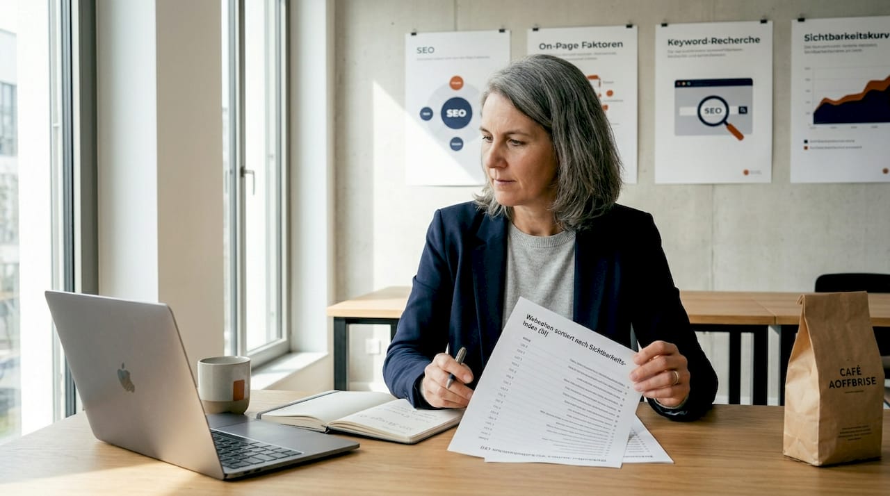 Frau verschafft sich im Coworking-Space einen Überblick über die Konkurrenz