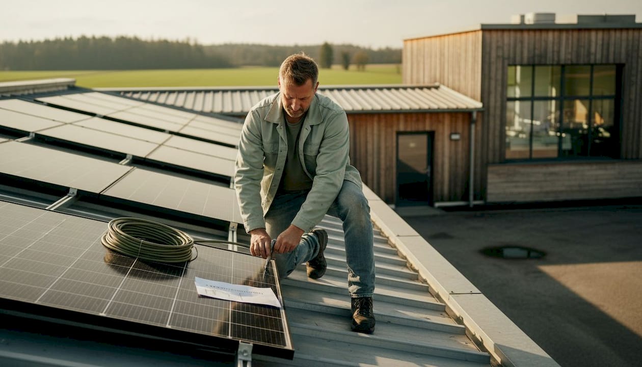 Ein Techniker montiert Solaranlagen auf dem Dach einer Fabrikhalle.