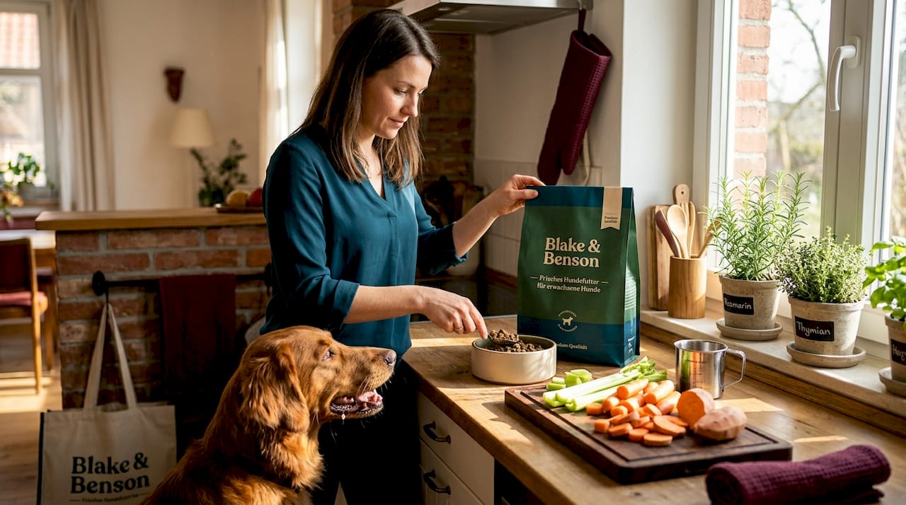 Eine Frau bereitet in ihrer Küche frisches Futter für ihren Hund zu.