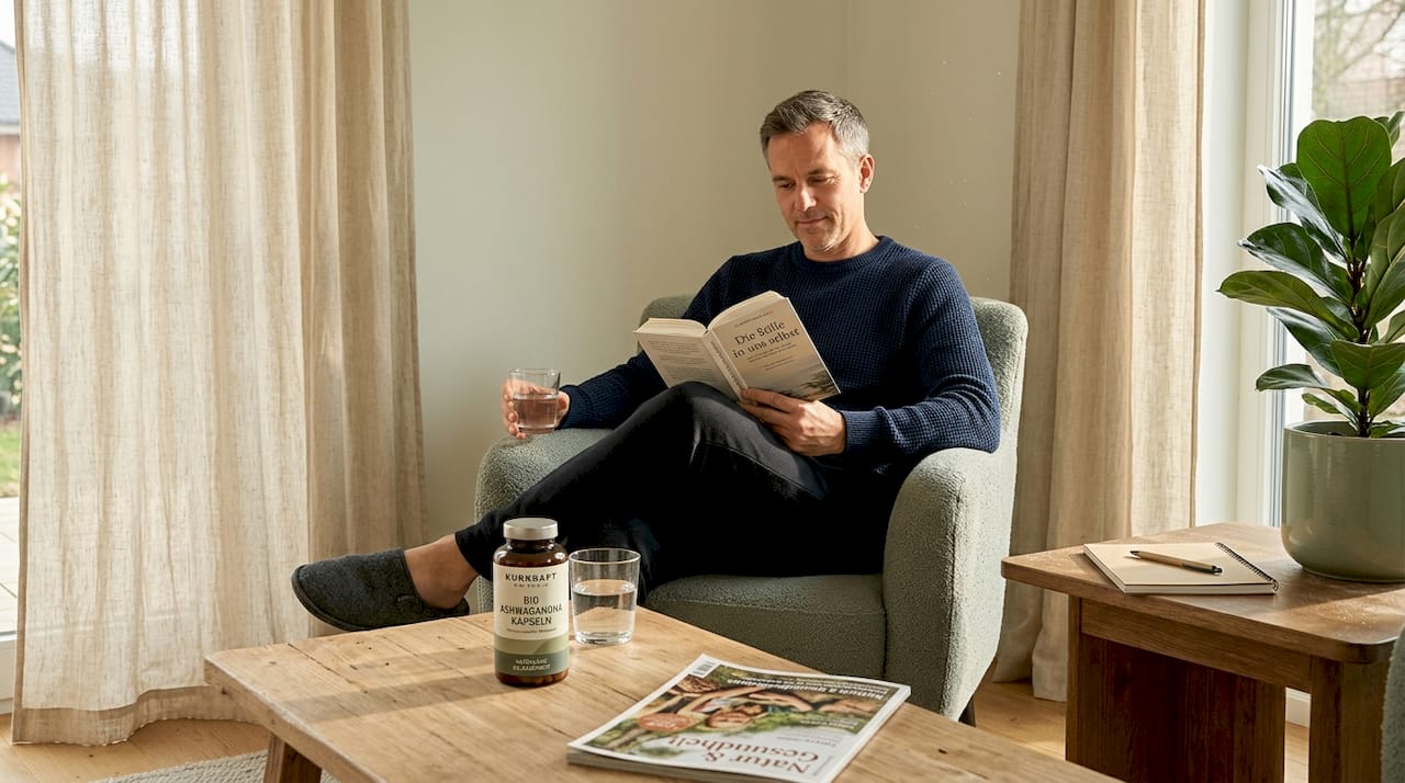 Ein Mann sitzt entspannt im Wohnzimmer und hält eine Dose Ashwagandha-Kapseln in der Hand.