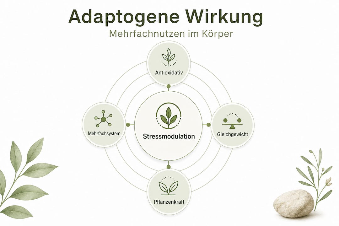 Übersichtsgrafik: Die wichtigsten Wirkungen von Adaptogenen auf einen Blick