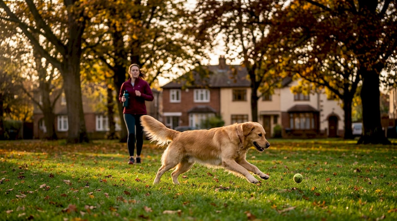 Ein lebhafter, kerngesunder Hund tobt voller Freude durch den Stadtpark.