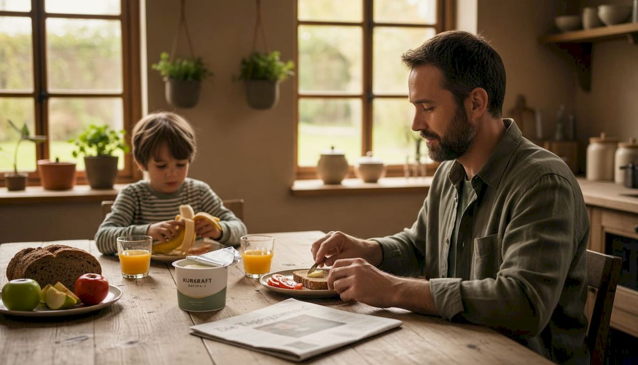 Eine Familie genießt gemeinsam ein ausgewogenes Frühstück mit frischem Obst am Tisch.