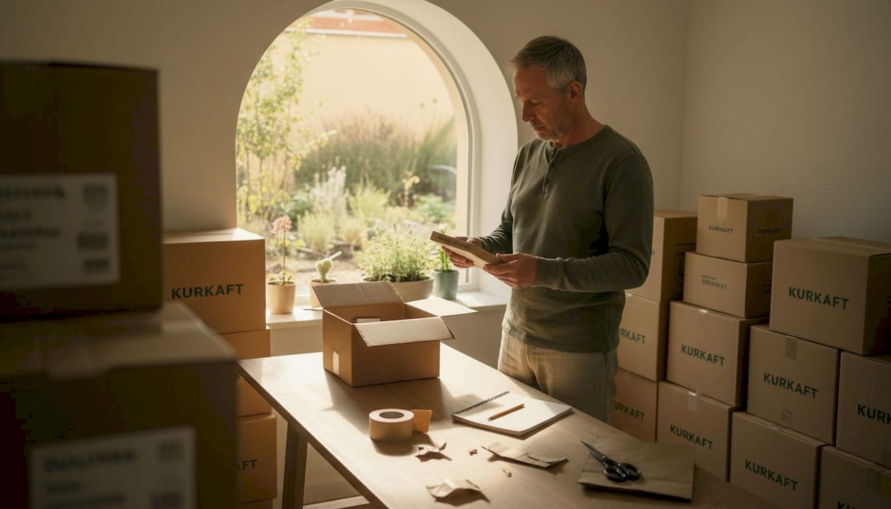 Ein Mitarbeiter prüft im Lager zurückgesendete Verpackungen auf ihren Zustand.