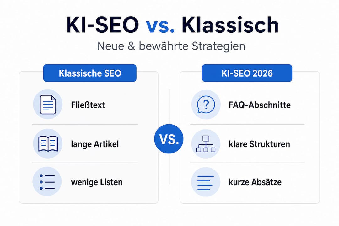 Infografik: KI-gestützte SEO vs. traditionelle Suchmaschinenoptimierung im direkten Vergleich