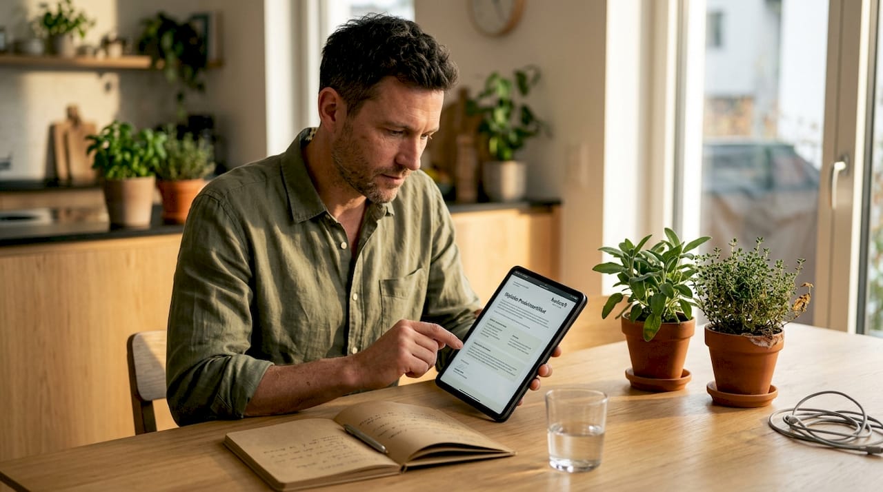 Ein Mann sitzt am Schreibtisch und prüft ein digitales Produktzertifikat.