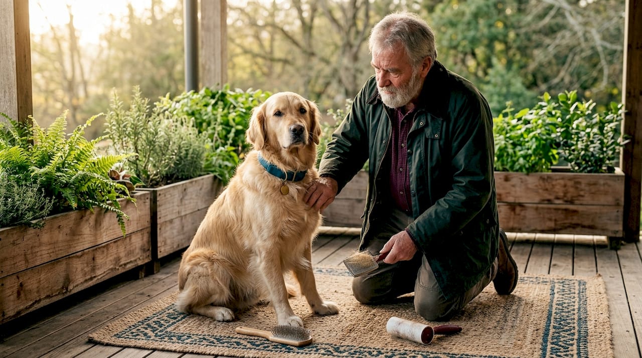 Ein Mann überprüft seinen Hund während des Fellwechsels auf Haut und Gesundheit.