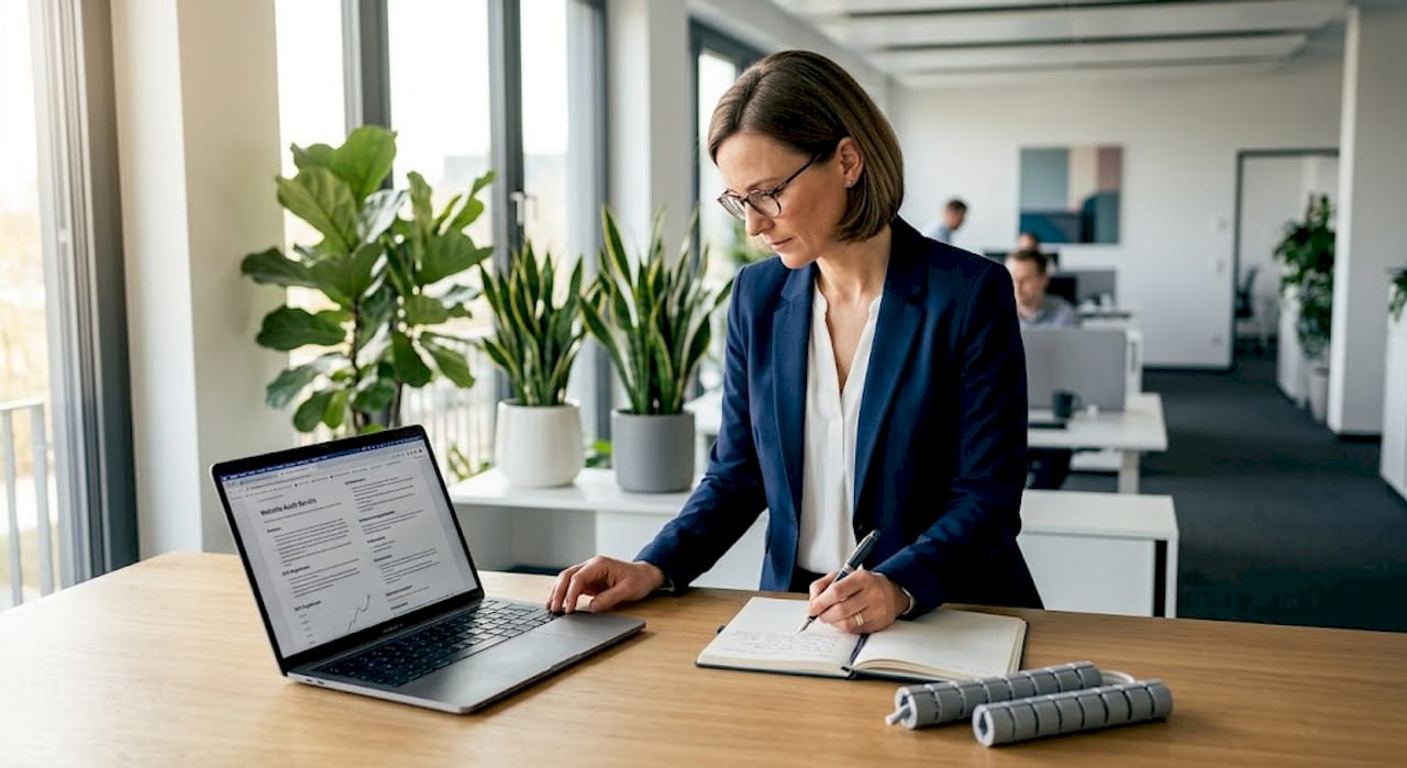 Eine Frau überprüft am Schreibtisch die technische Suchmaschinenoptimierung ihrer Website.