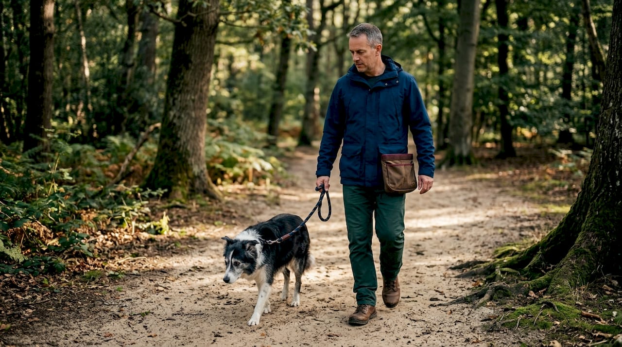 Gemütlich spazieren ein Hund und sein Herrchen den Parkweg entlang.