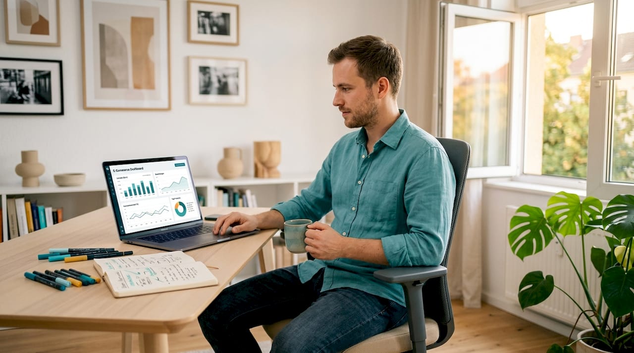 Ein junger Mann analysiert im Homeoffice die aktuellen Kennzahlen seines Online-Shops.