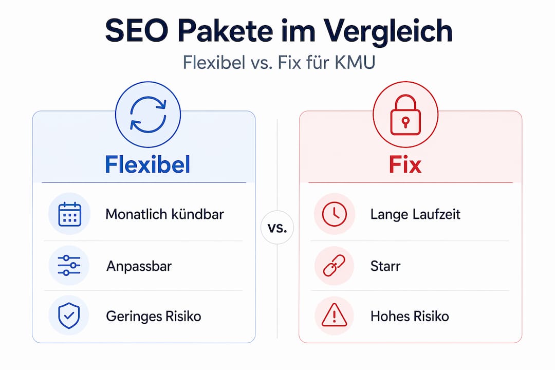 Infografik zeigt Gegenüberstellung flexibler und fixer SEO Pakete