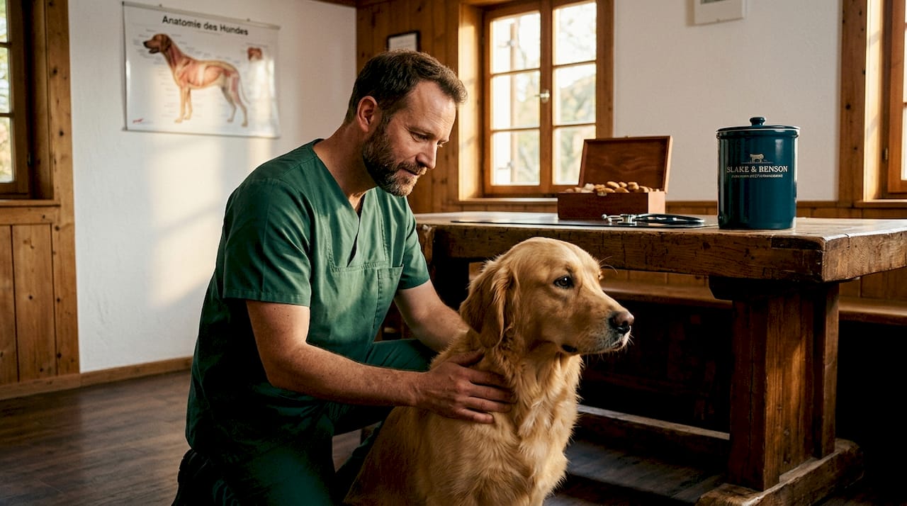 Der Tierarzt nimmt sich Zeit, um den aufgeregten Hund im Behandlungszimmer zu beruhigen.