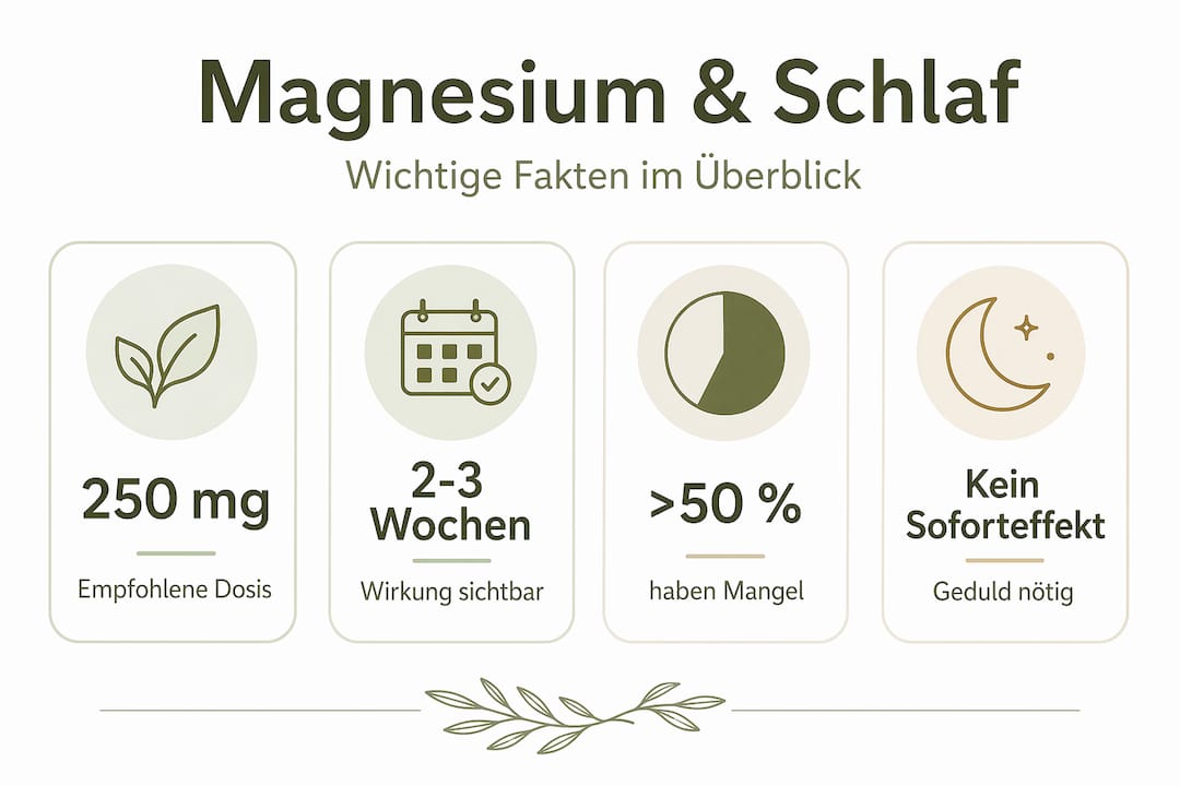 Grafik veranschaulicht wichtige Infos und Dosierungsempfehlungen rund um Magnesium und gesunden Schlaf.