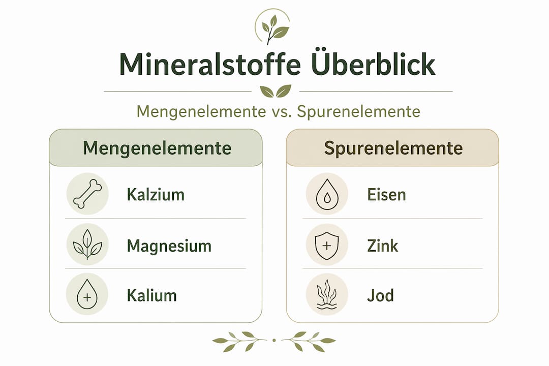 Diese Infografik stellt verschiedene Mineralkategorien übersichtlich gegenüber und zeigt dazu passende Beispiele.