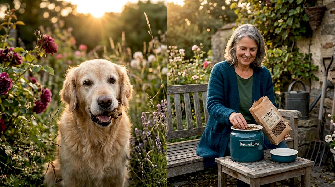 Ein Golden Retriever genießt sein Zahnpflege-Leckerli in einer gemütlichen Landhausküche.