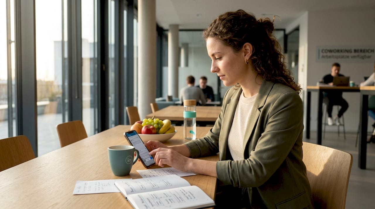 Jemand sitzt im Café und beantwortet Kommentare auf LinkedIn.