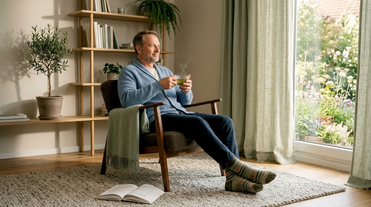 Ein älterer Herr genießt eine Tasse grünen Tee in seinem Wohnzimmer.