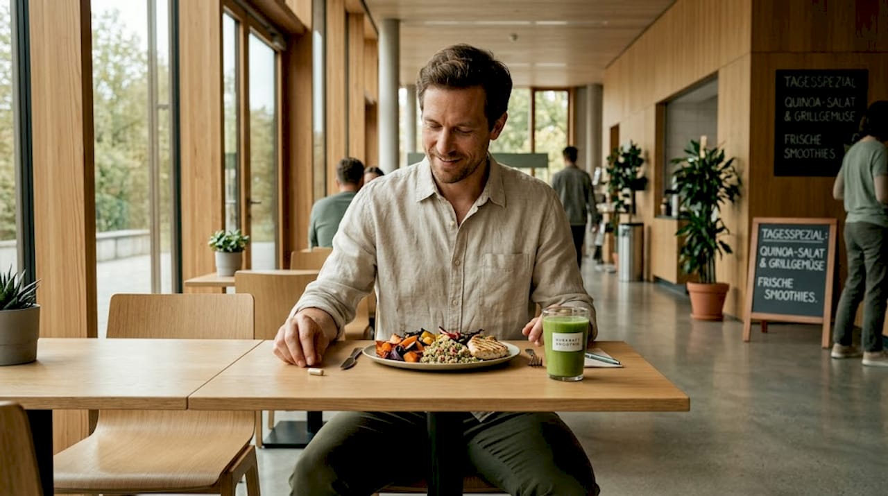Ein Mann legt eine Kapsel neben sein Mittagessen in der Teeküche ab.