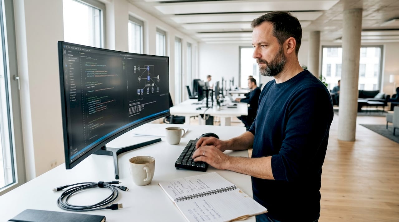Ein IT-Mitarbeiter richtet das Tracking in einem Großraumbüro ein.