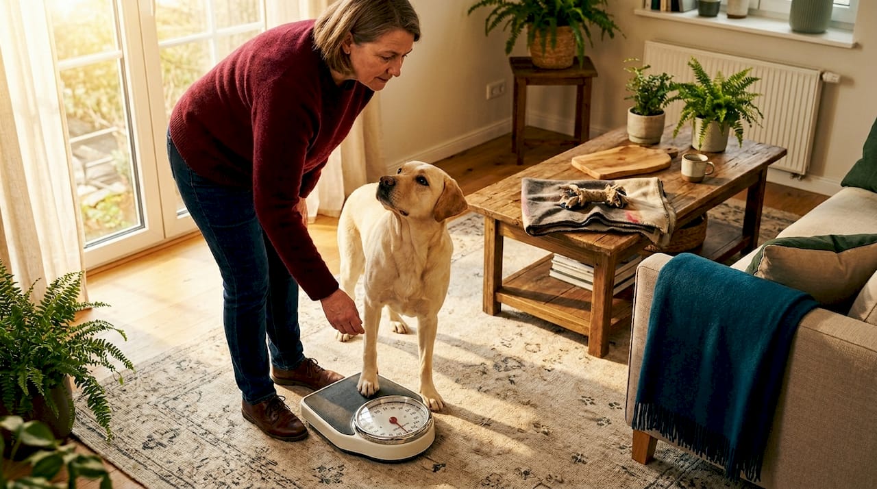 Eine Frau stellt ihren Labrador im Wohnzimmer auf die Waage, um sein Gewicht zu kontrollieren.