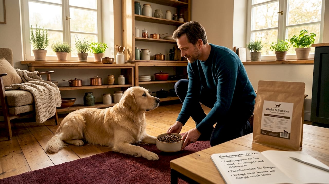 In seinem behaglichen Zuhause genießt der Hund hochwertiges Futter.