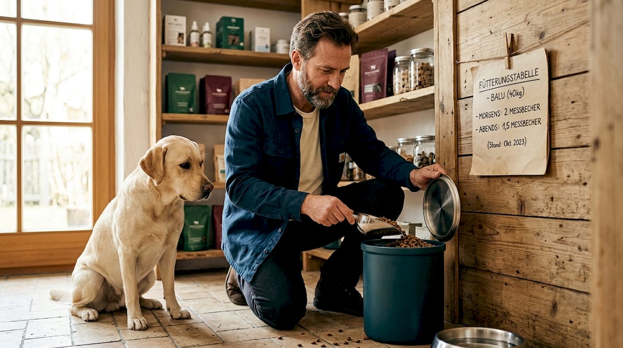 Ein Mann portioniert Hundefutter und orientiert sich dabei an einer Fütterungstabelle.