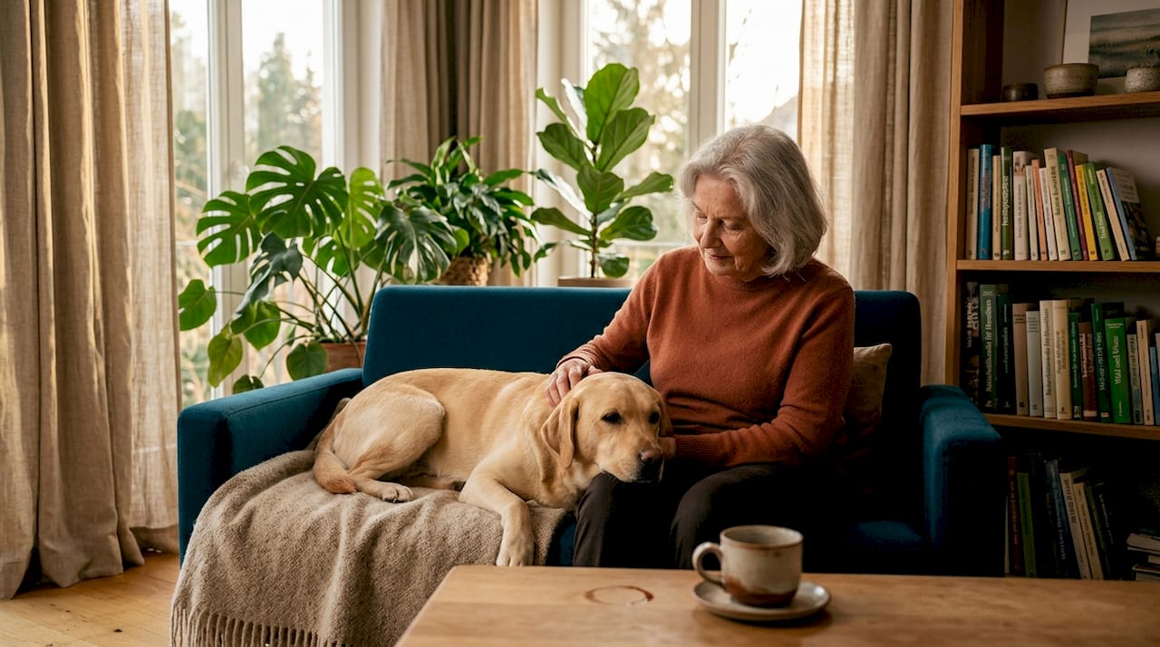 Eine Frau streichelt ihren Hund und achtet dabei besonders auf dessen Wohlbefinden und Gesundheit.