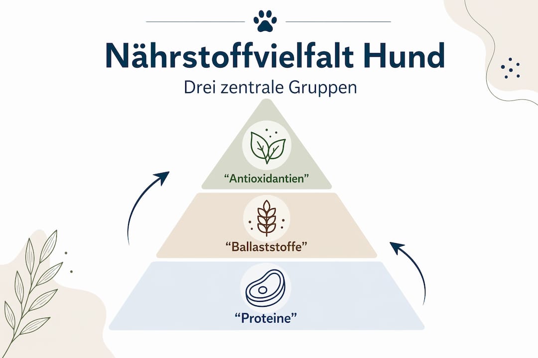 Infografik: Wichtige Nährstoffe für Hunde – Proteine, Ballaststoffe und Antioxidantien auf einen Blick