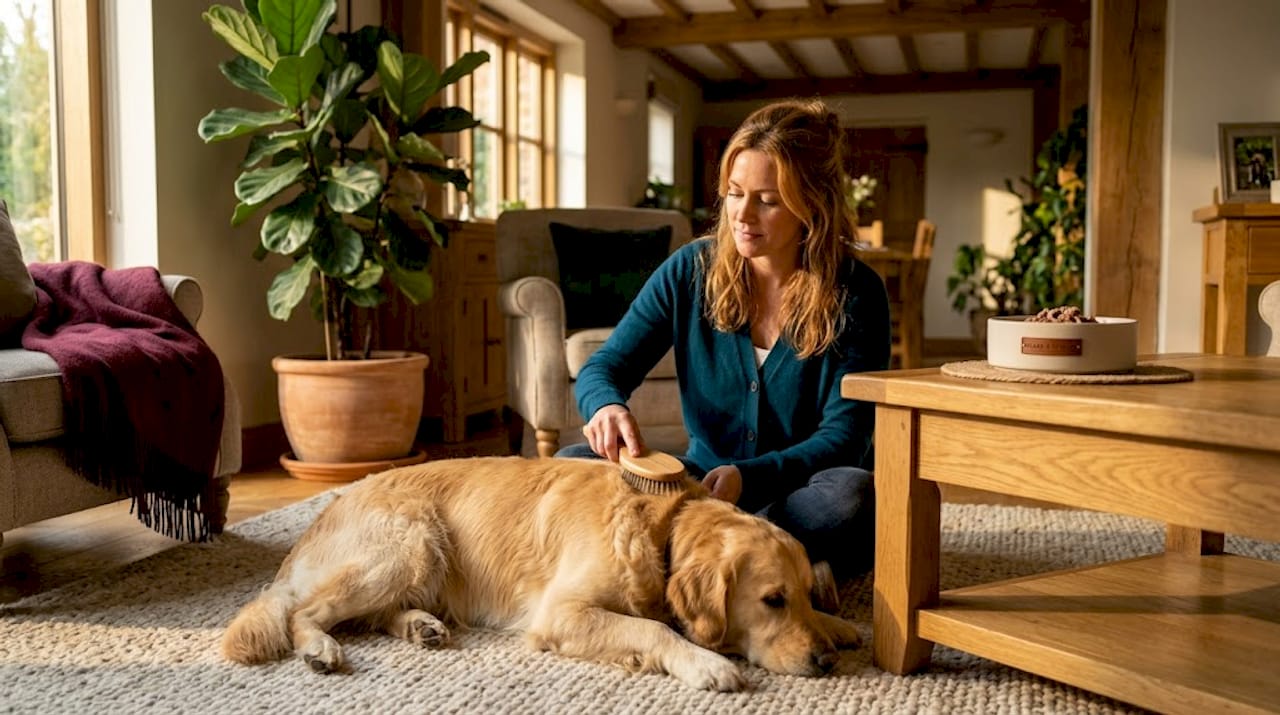 Im Wohnzimmer wird der Hund gebürstet.