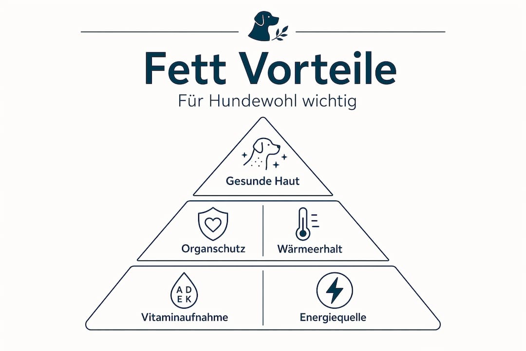 Eine Infografik veranschaulicht die wichtigsten Vorteile von Fetten für Hunde in Form einer Pyramide.