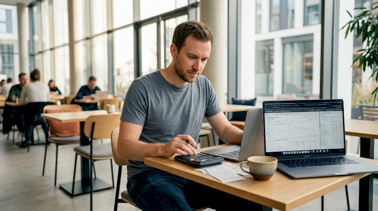 Ein Freelancer sitzt am Schreibtisch und rechnet aus, wie hoch die Kosten für Google Ads ausfallen.