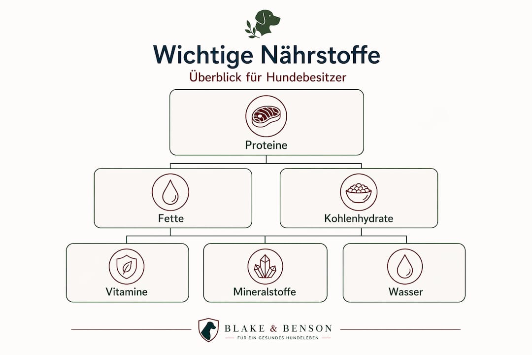 Anschauliche Grafik mit den wichtigsten Nährstoffen für Hunde auf einen Blick